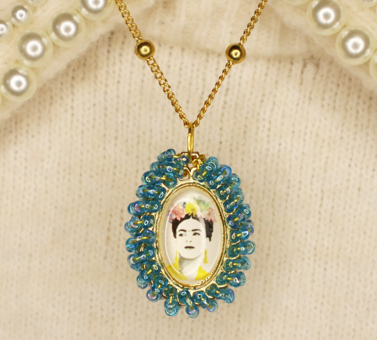 Aqua Beaded Frida Necklace