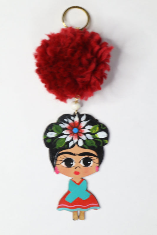 Red Frida Pom Pom Keychain