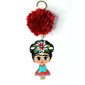 Red Frida Pom Pom Keychain