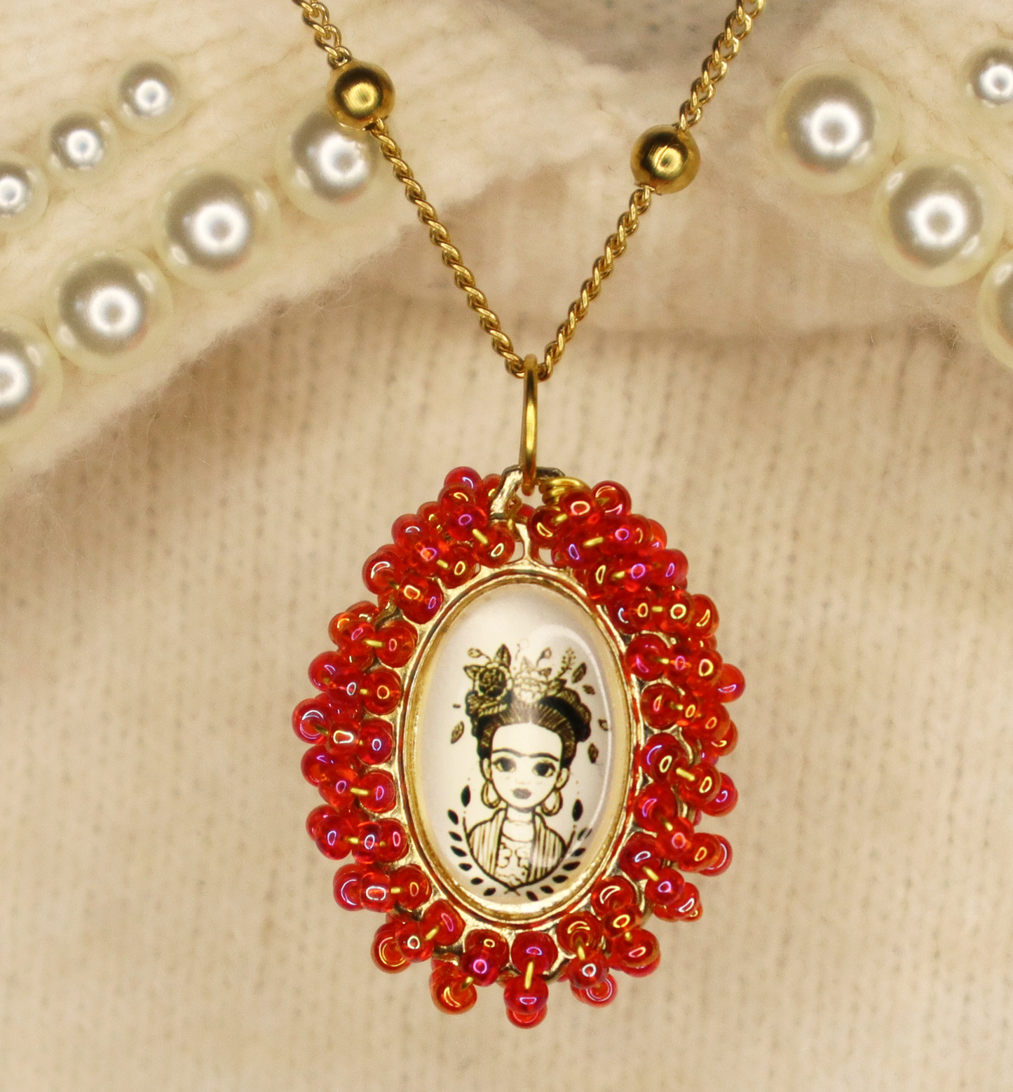 Red Beaded Frida Necklace